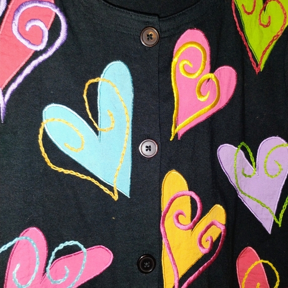 Women's Michael Simon Lite Black Button Down Cardigan With Colored Hearts Size L - Picture 5 of 7